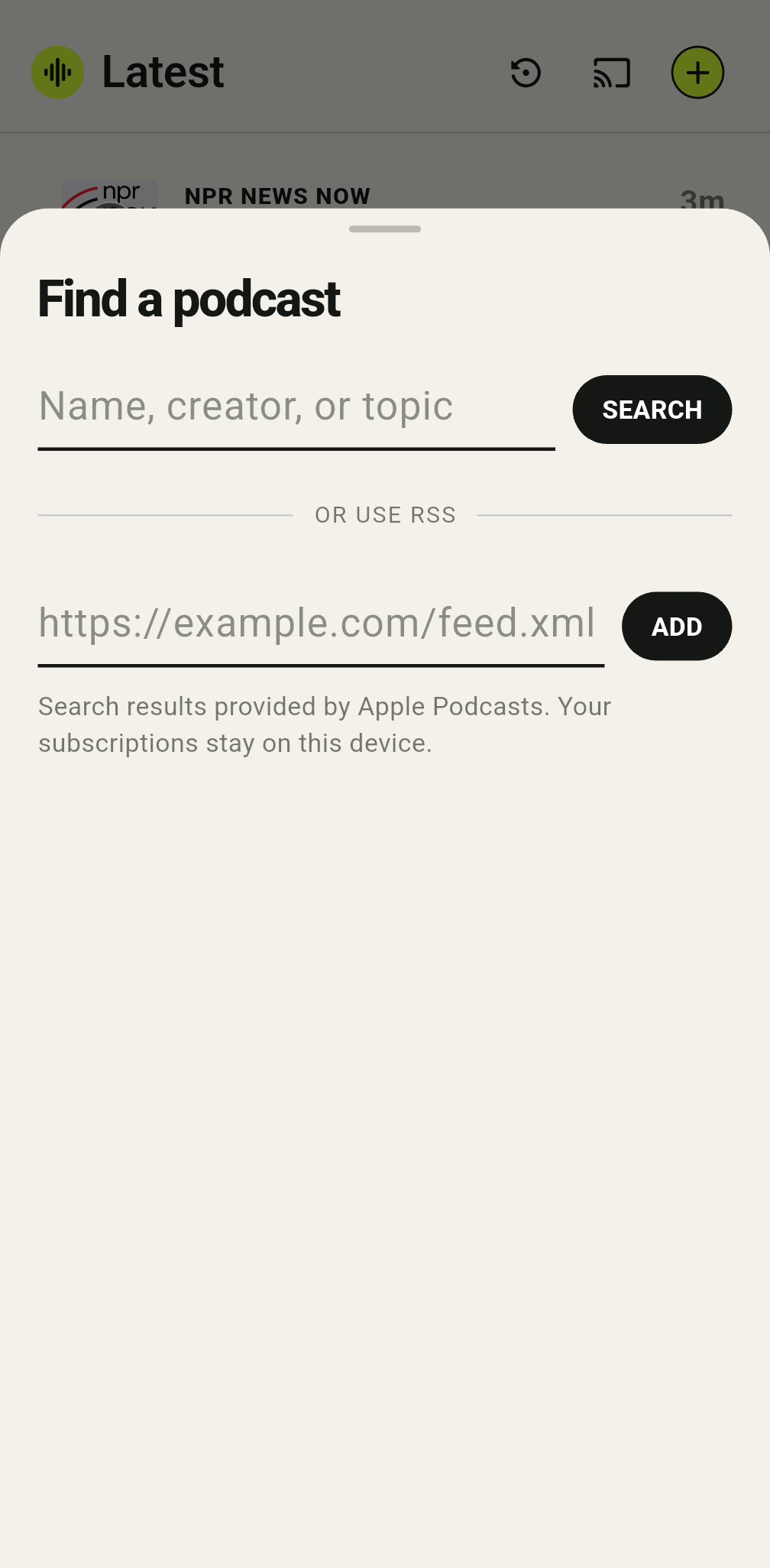 Add a podcast by search or RSS feed